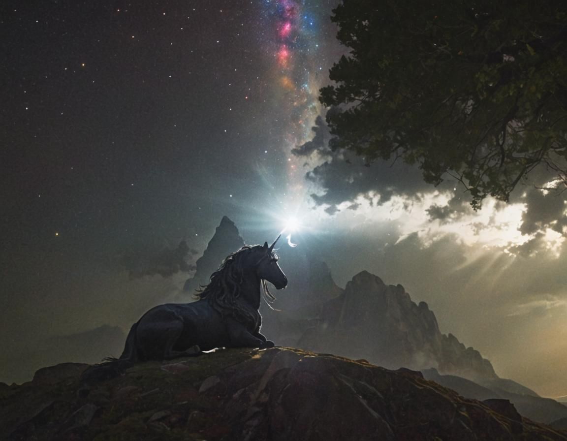 Black Unicorn Meditating Under Rainbow Starlight