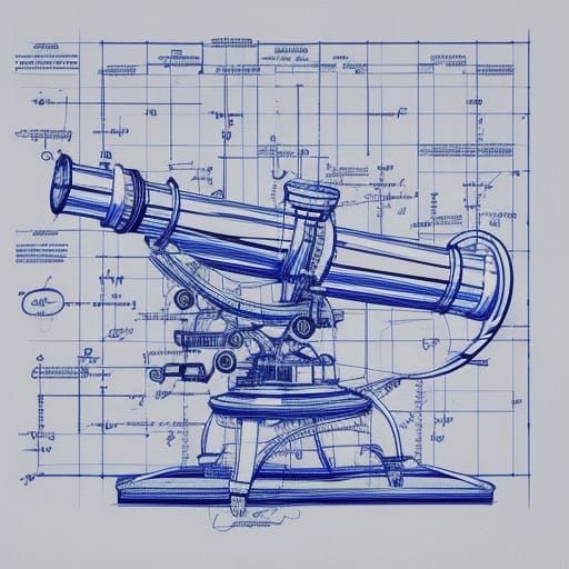 Detailed Telescope Blueprint on Blue Paper