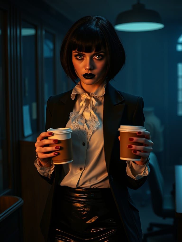 Gothic Secretary in Dimly Lit Office, Cinematic Still