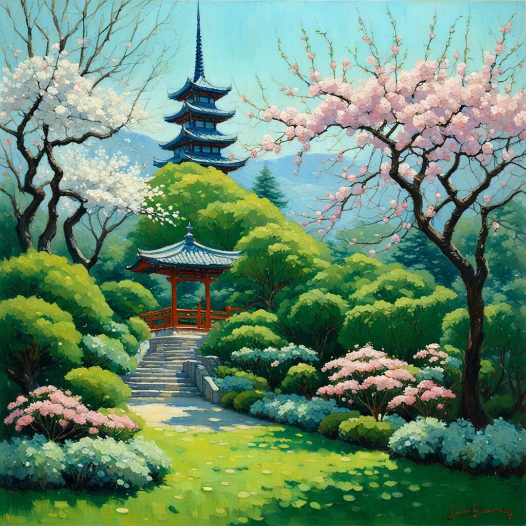 Cherry Blossom Garden with Bottle, Oil Painting