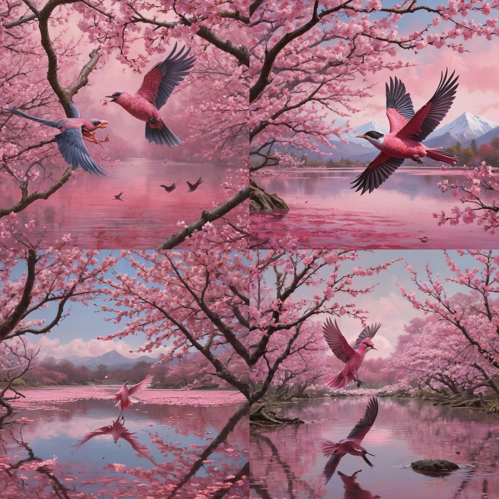 Pink Bird Flight Above Cherry Blossom Lake