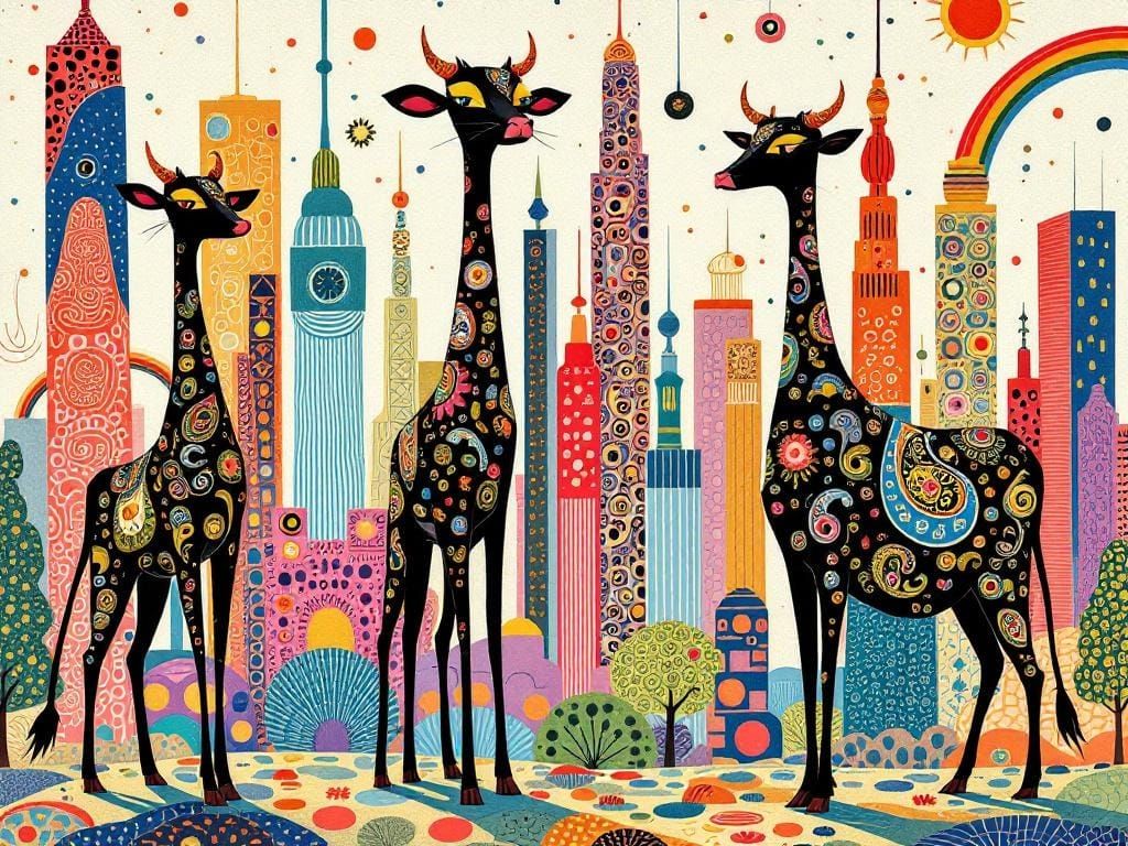 Paisley Cows in Surreal Hundertwasser Cityscape