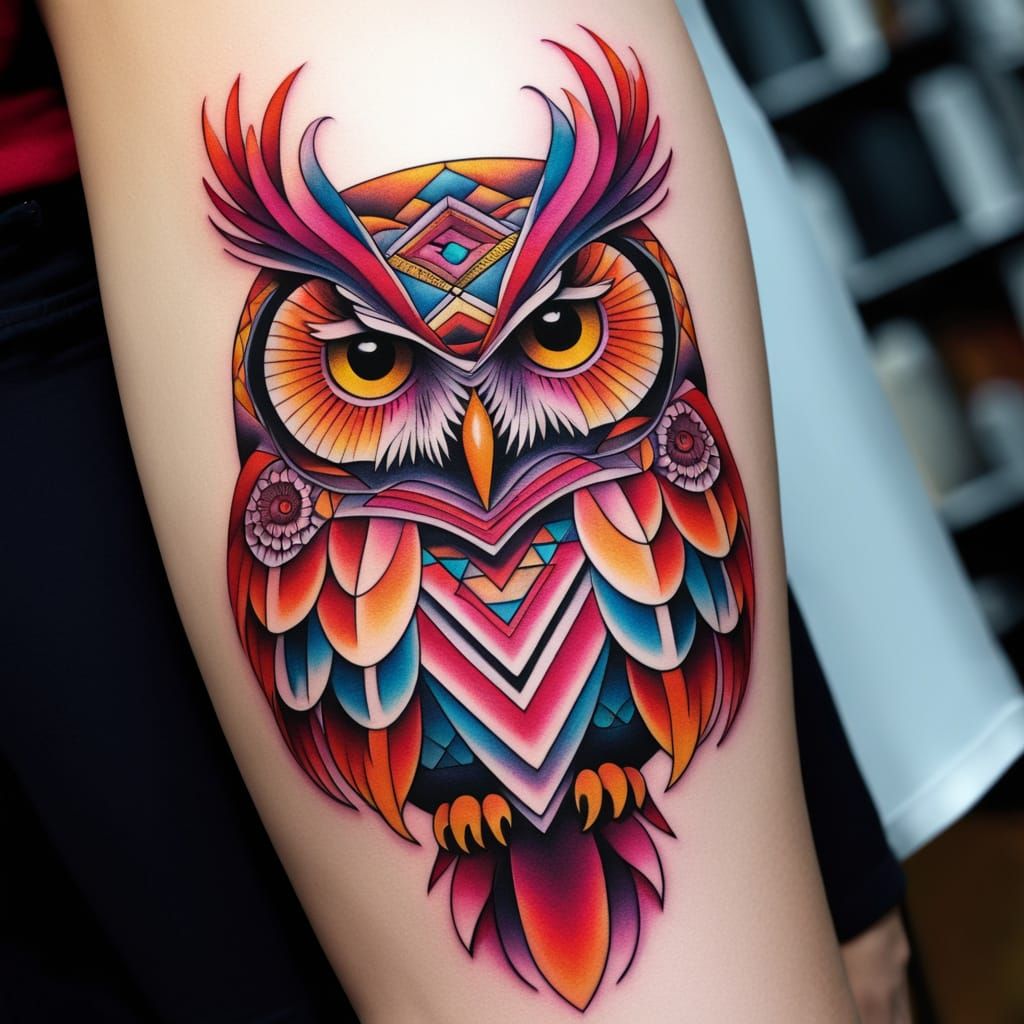 4x4 Sacred Geometry Owl, Symmetrical Linework with Fiery Hues. A highly detailed geometric owl tattoo design with symmet...