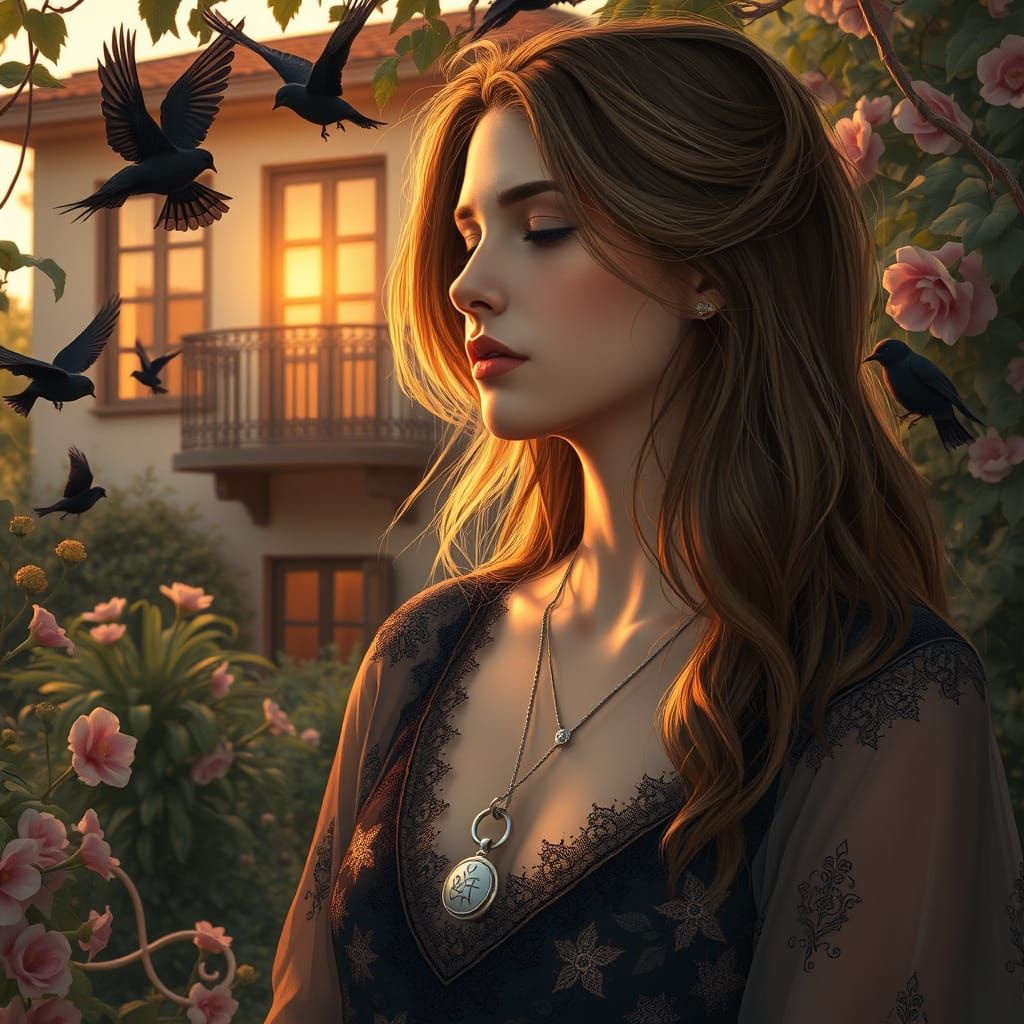 A dreamlike, ethereal scene of a soft romantic woman with light brunette hair standing in a garden. She has her eyes clo...
