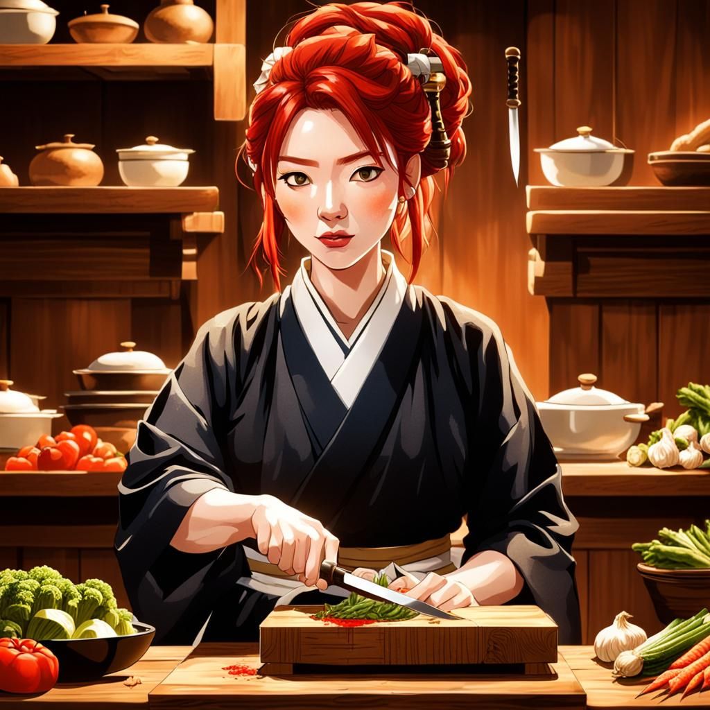 Japanese Court Kitchen Drama Scene in Watercolor Style