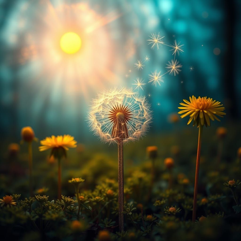 Ethereal Pencil Transforms into Dandelions in Nebula Sky