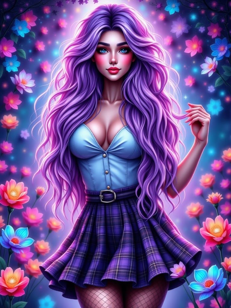 Voluptuous Woman in Plaid Skirt with Geometric Tessellations