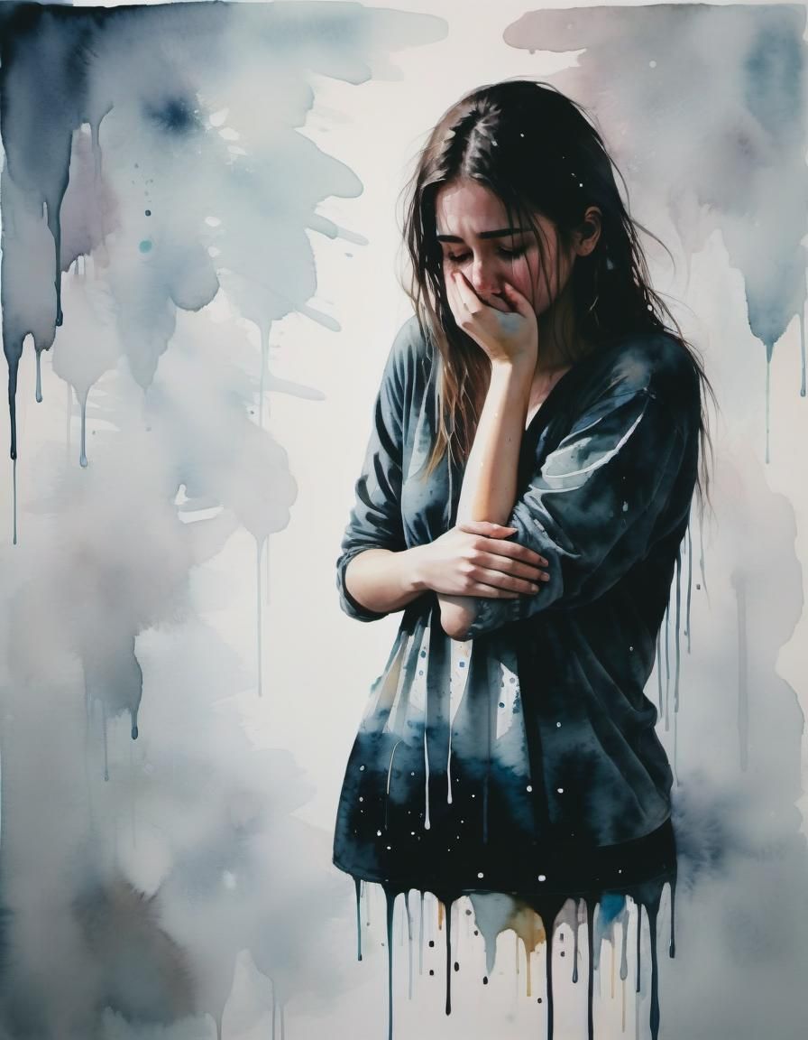 Sad Girl Self-Hugging in Watercolor Style
