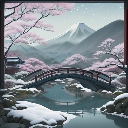 Ukiyo-e Landscape with Snow-Capped Mountains and River