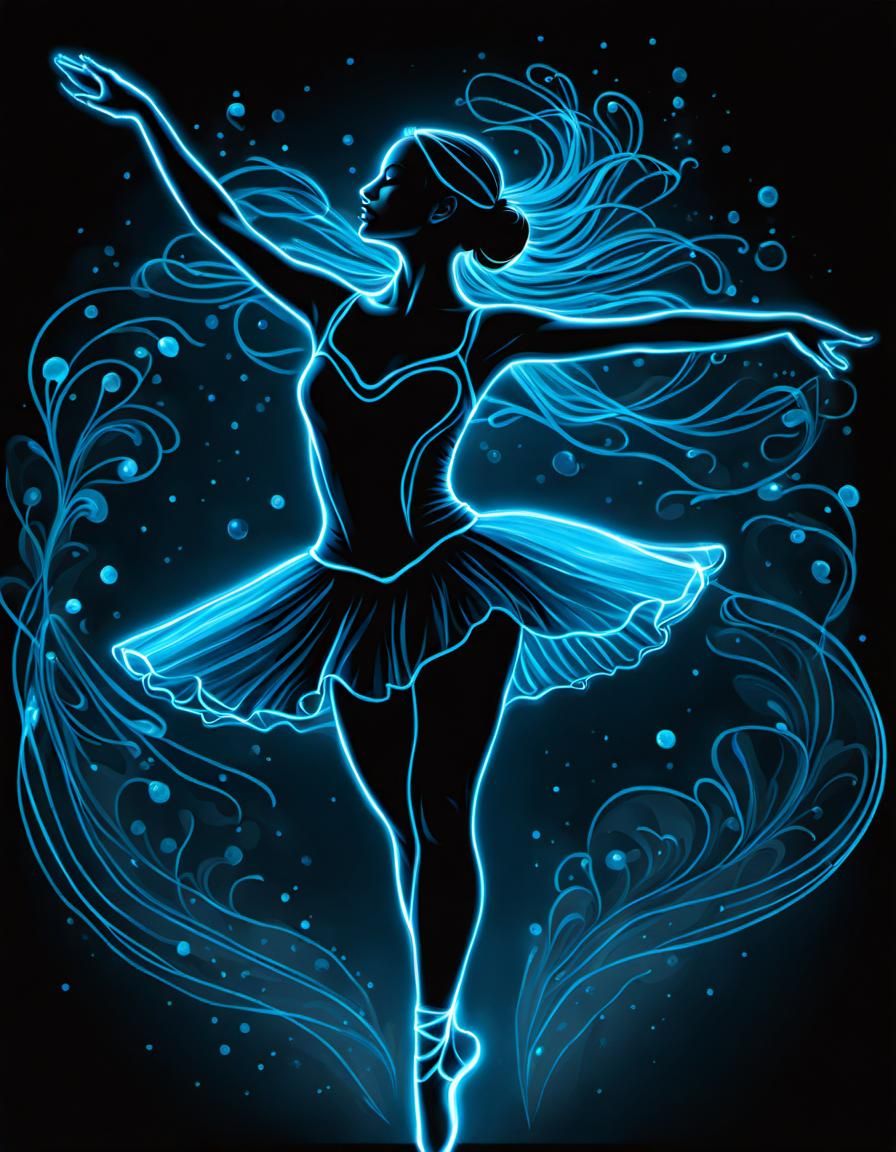 Blue Bioluminescent Ballerina Pirouette in Line Art