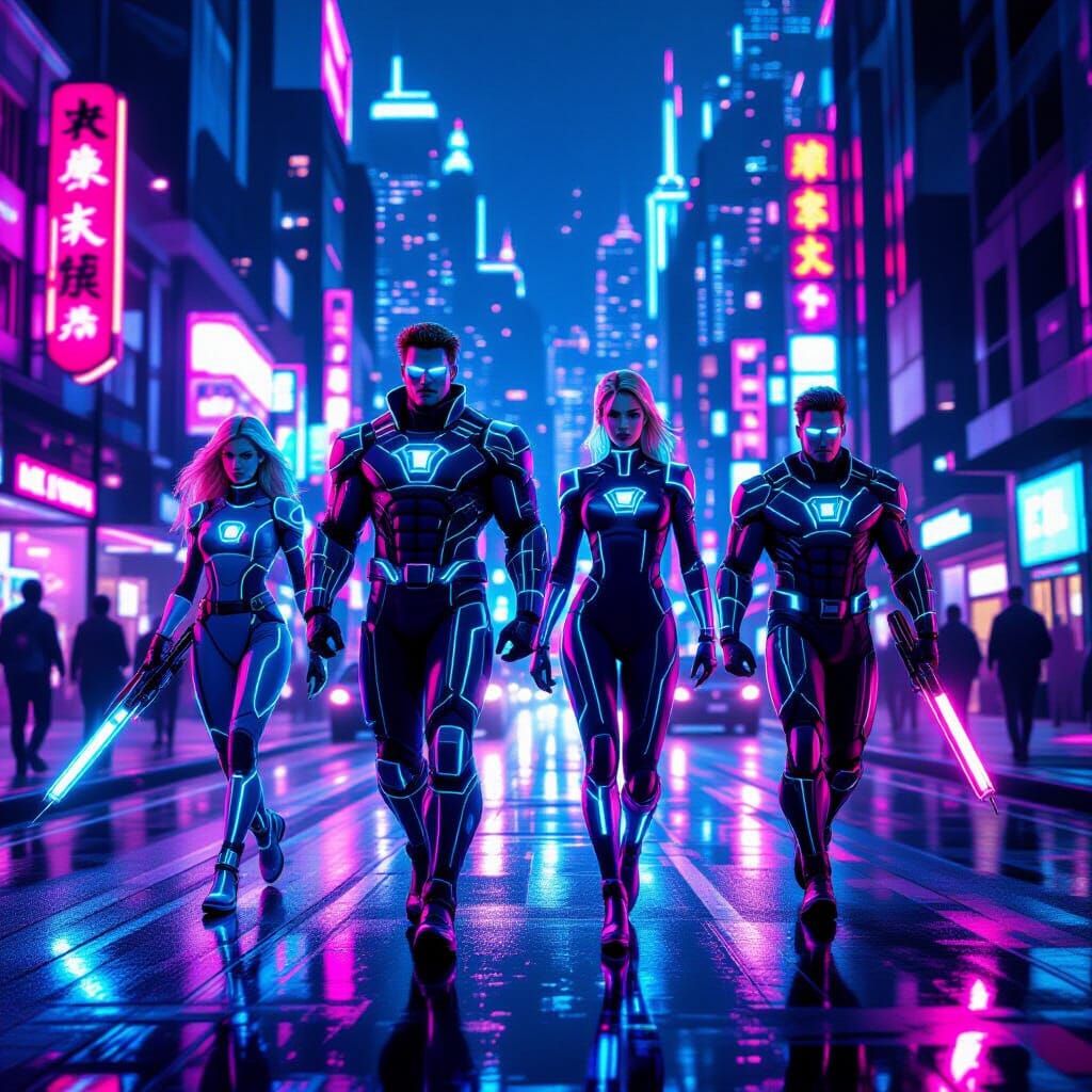 Cyberpunk Fantastic Four in Neon Cityscape