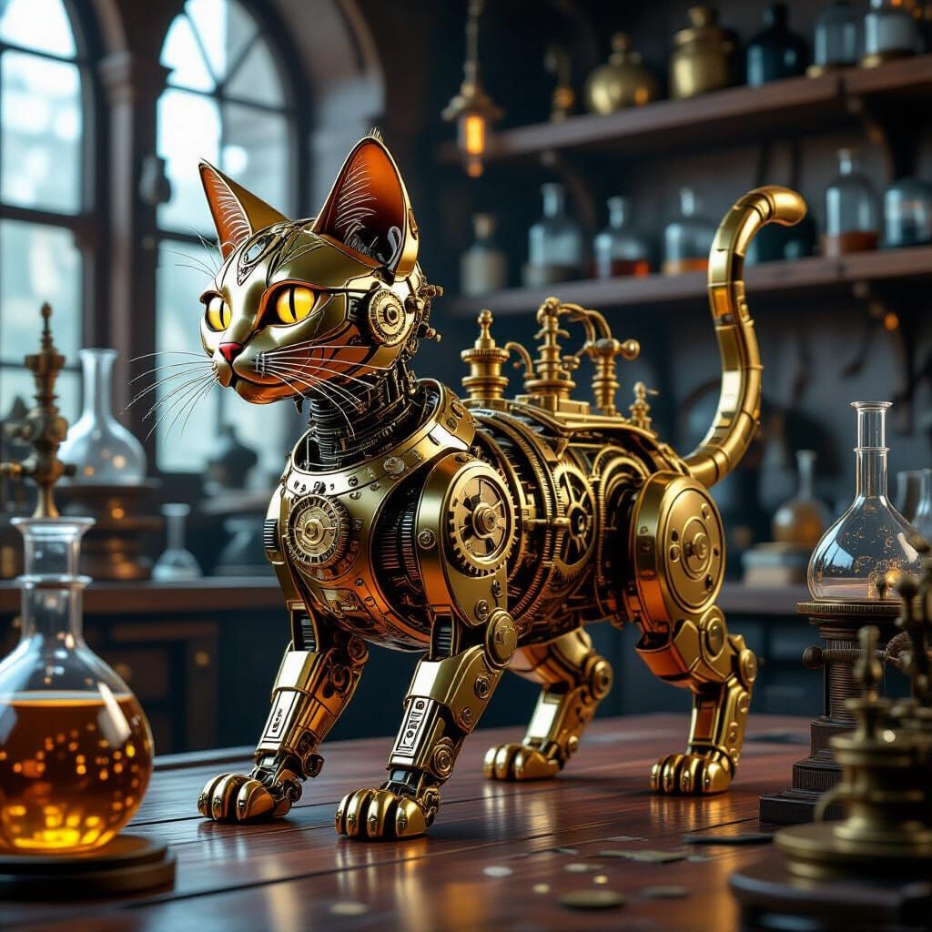 Steampunk Clockwork Cat in Victorian Laboratory
