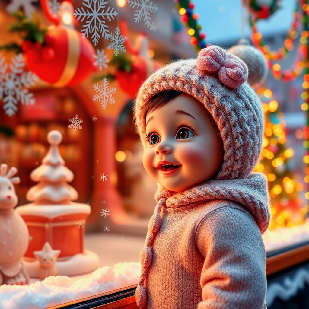 Pixar-Style Baby Girl in Christmas Shop Window