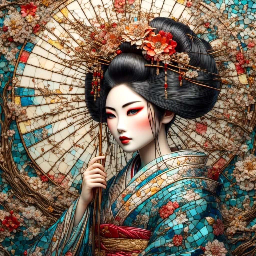 Stained Glass Mosaic of a Beautiful Geisha