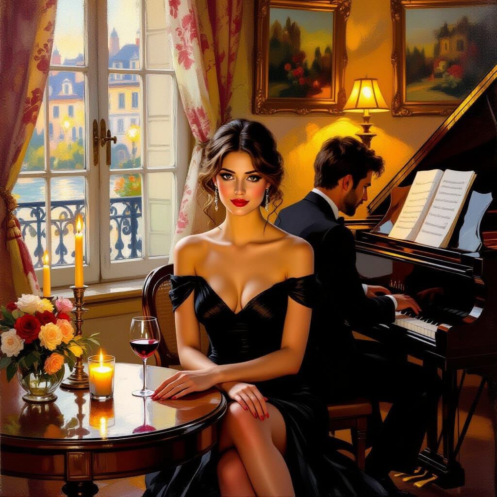 Romantic Candlelit Scene with Woman and Piano, Impressionist...