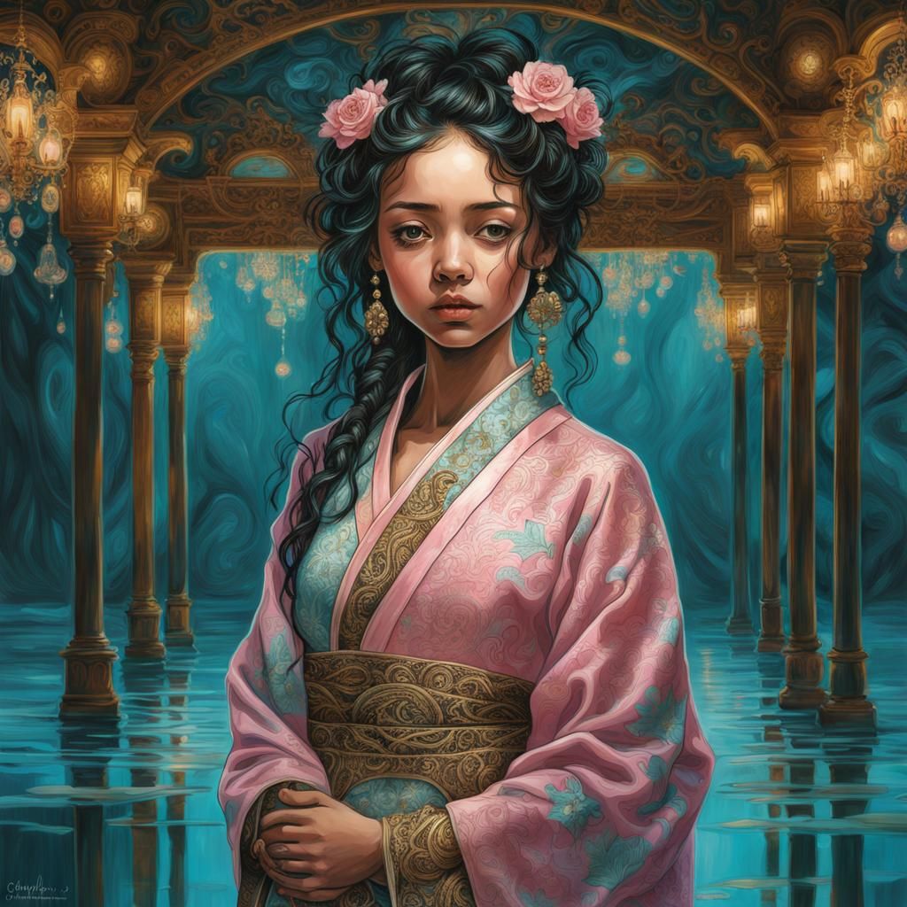 Bioluminescent Girl in Lace Kimono Reflecting