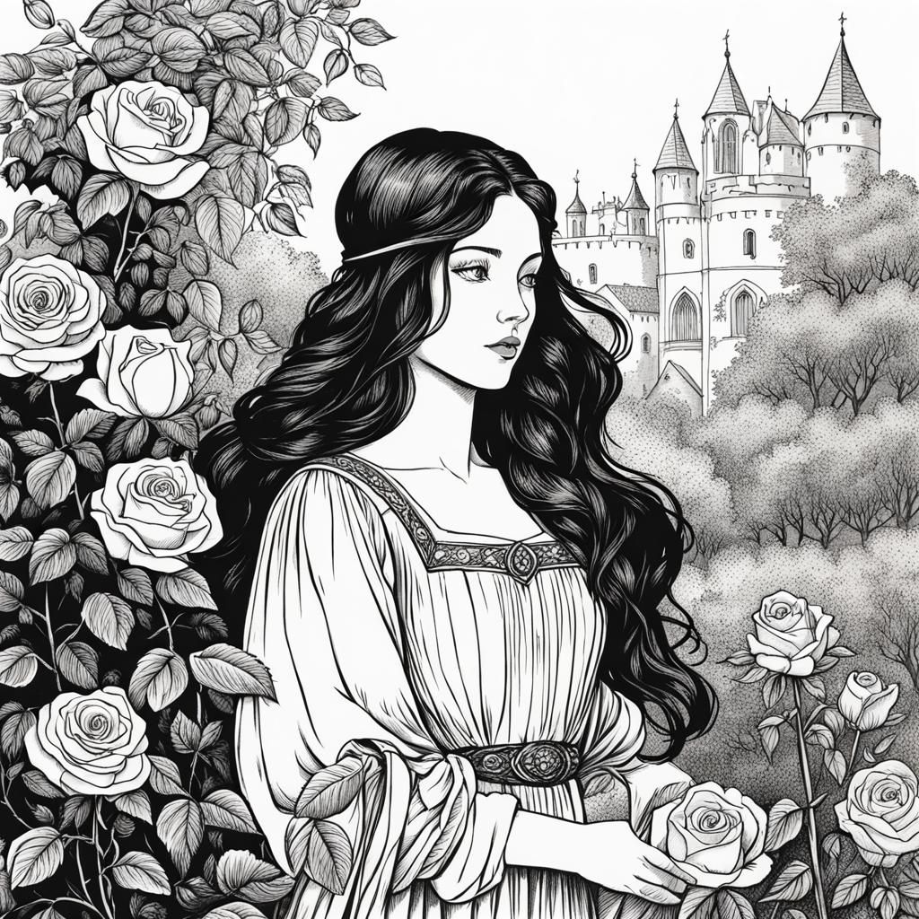 Medieval Girl in Rose Garden: Ink Illustration