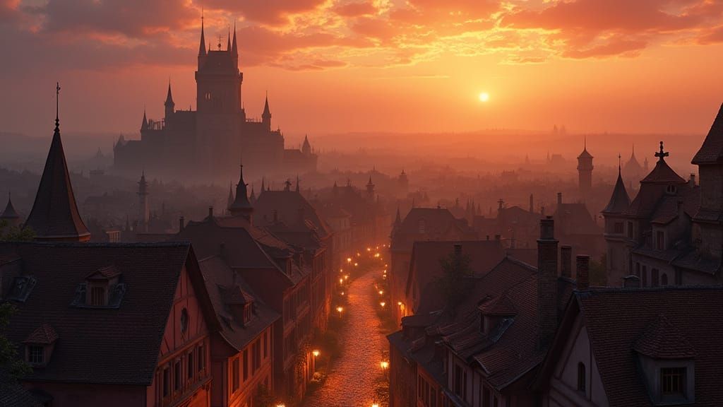 Medieval Romanian Cityscape at Sunset with Castle
