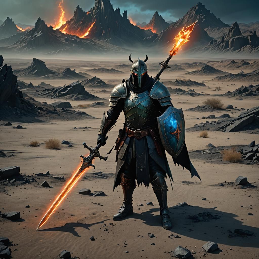 Dark Fantasy Hero with Glowing Shield in Wasteland