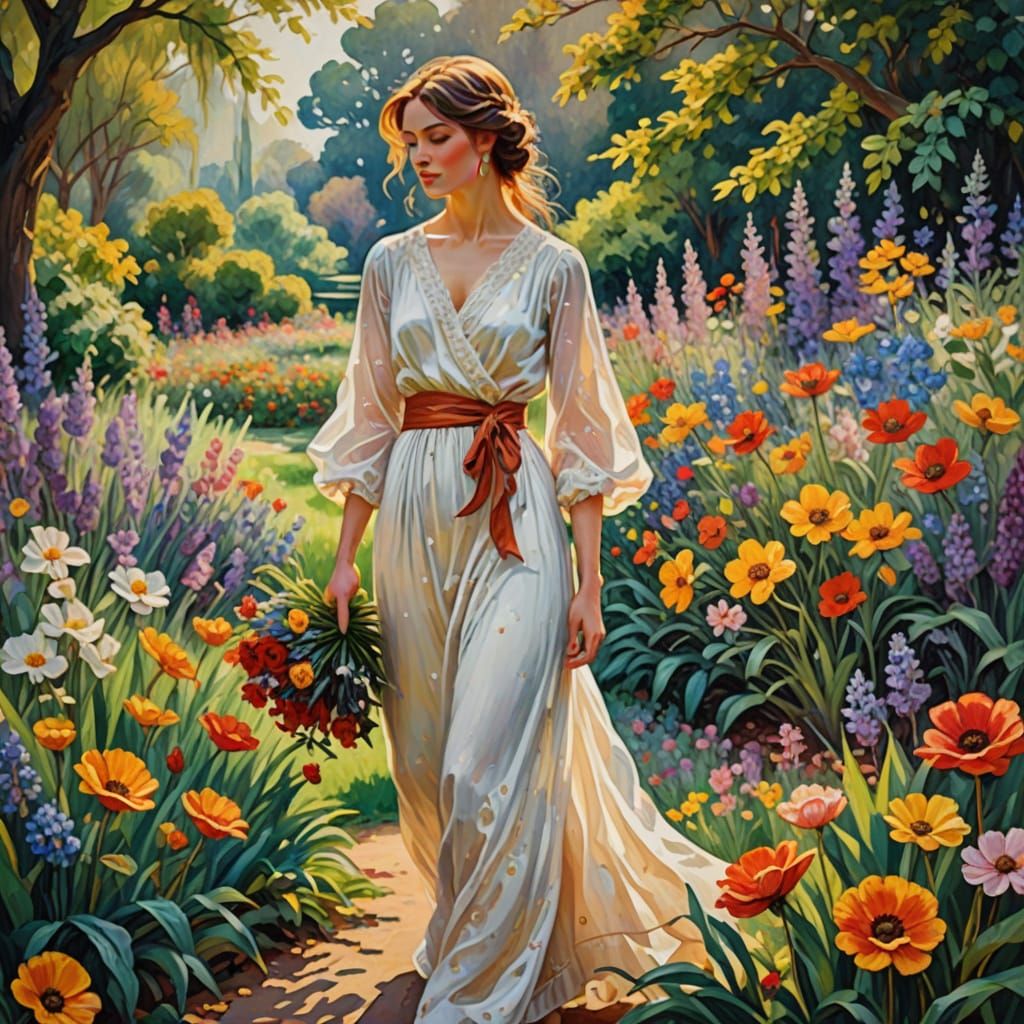 Gouache Masterpiece of a Beautiful Woman in a Lush Garden