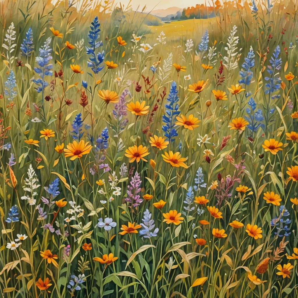 Wildflower Meadow in Gouache Watercolor, Autumn Light