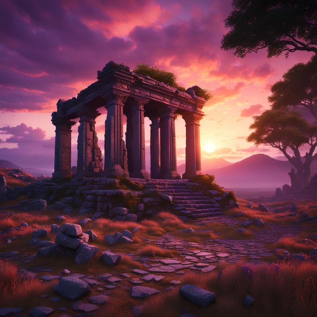 Galway Ruins at Sunset in Matte Painting Style