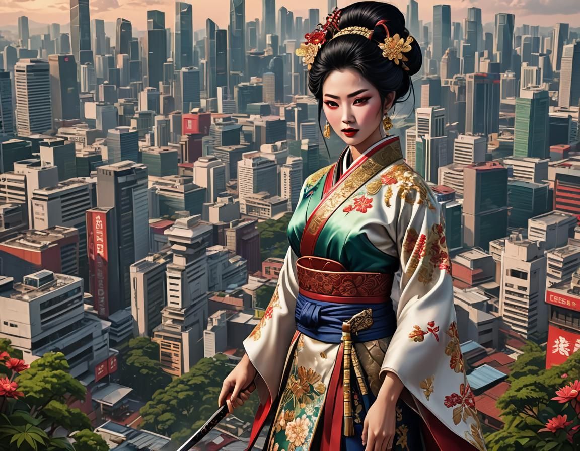 Geisha vs Samurai in Futuristic Singapore, Anime Art