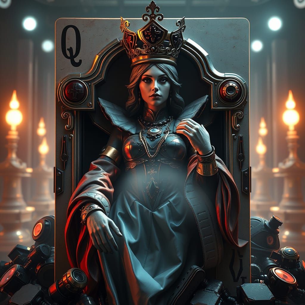 Queen of Clubs Emerges in Futuristic Mechanical Scene