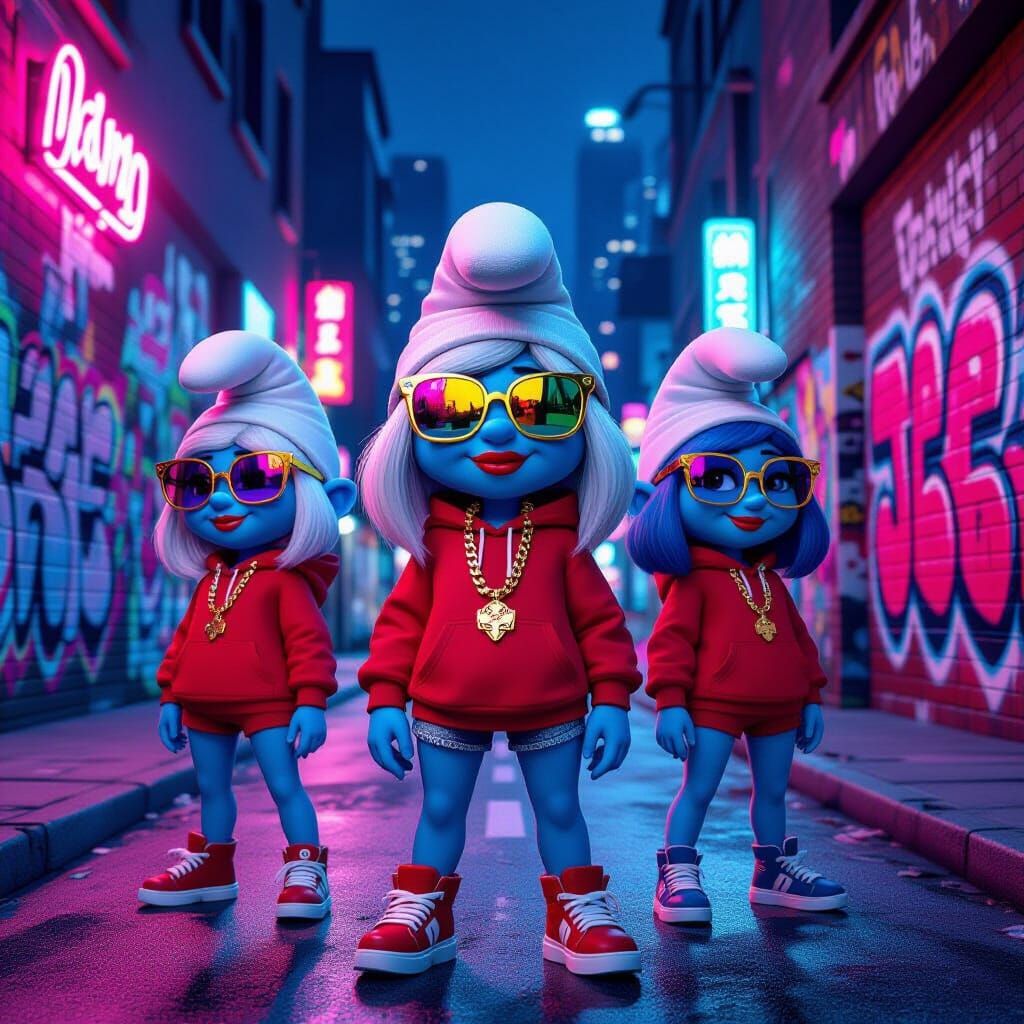Cyberpunk Smurfettes Movie Poster in 3D Render Style