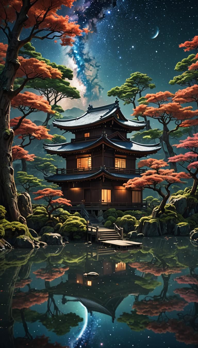 Cosmic Japanese House by Lake: Fantasy Art