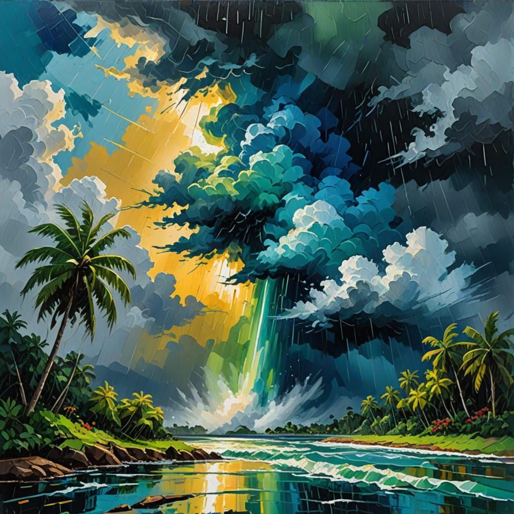 Tropical Cloudburst as Gouache Impressionist Painting