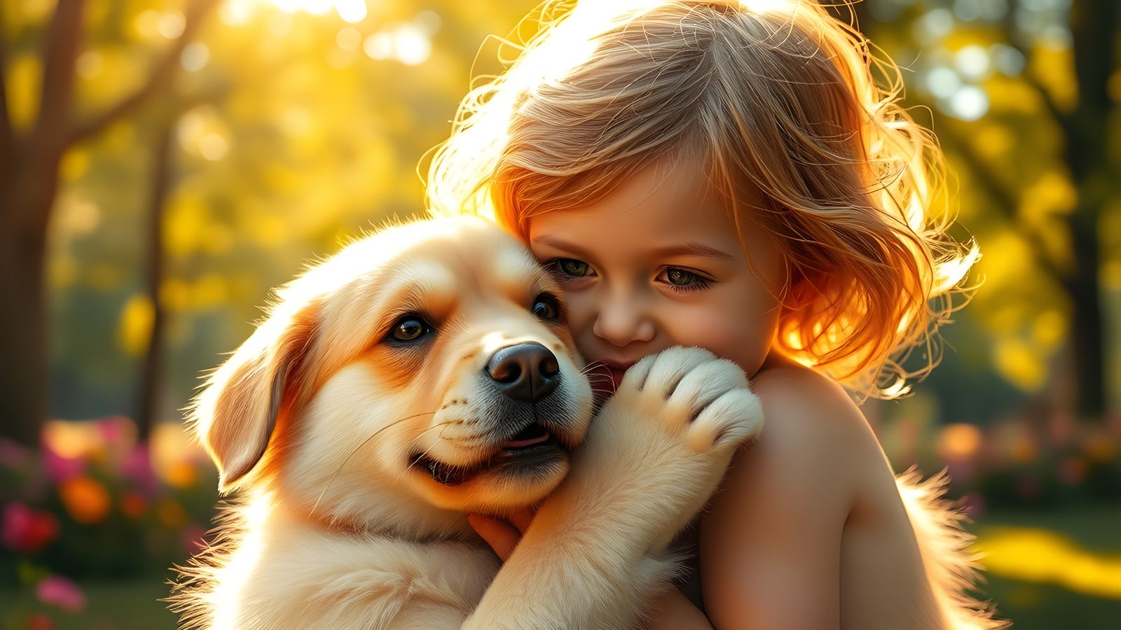 Child and Dog Embrace in Golden Light