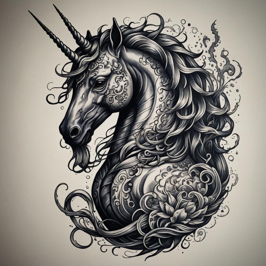 Hippocampus Unicorn Tattoo in Dark Style