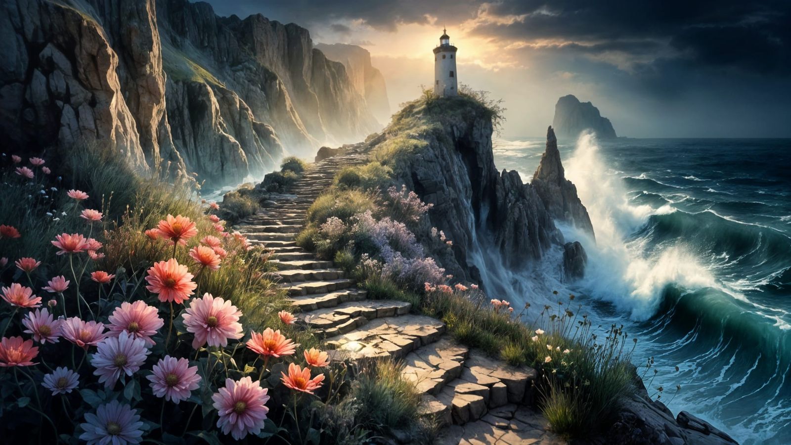 Lighthouse on Cliff with Flowers Braving Salty Wind