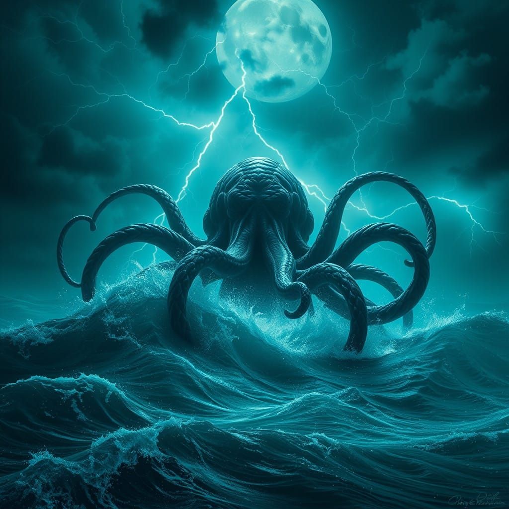 Dark Fantasy Cthulhu Emerges from Turbulent Ocean Depths