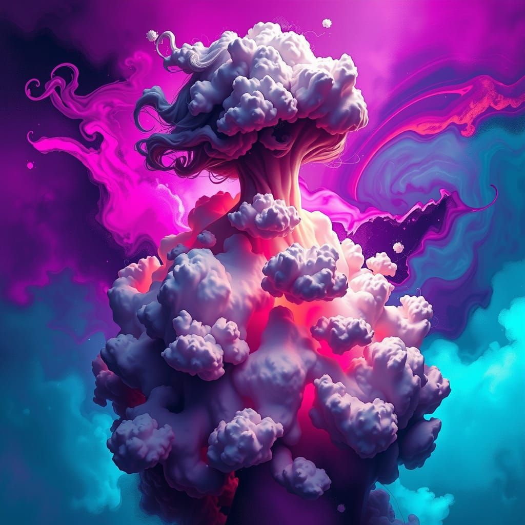 Dreamlike Surrealist Woman Emerging from Whirling Clouds