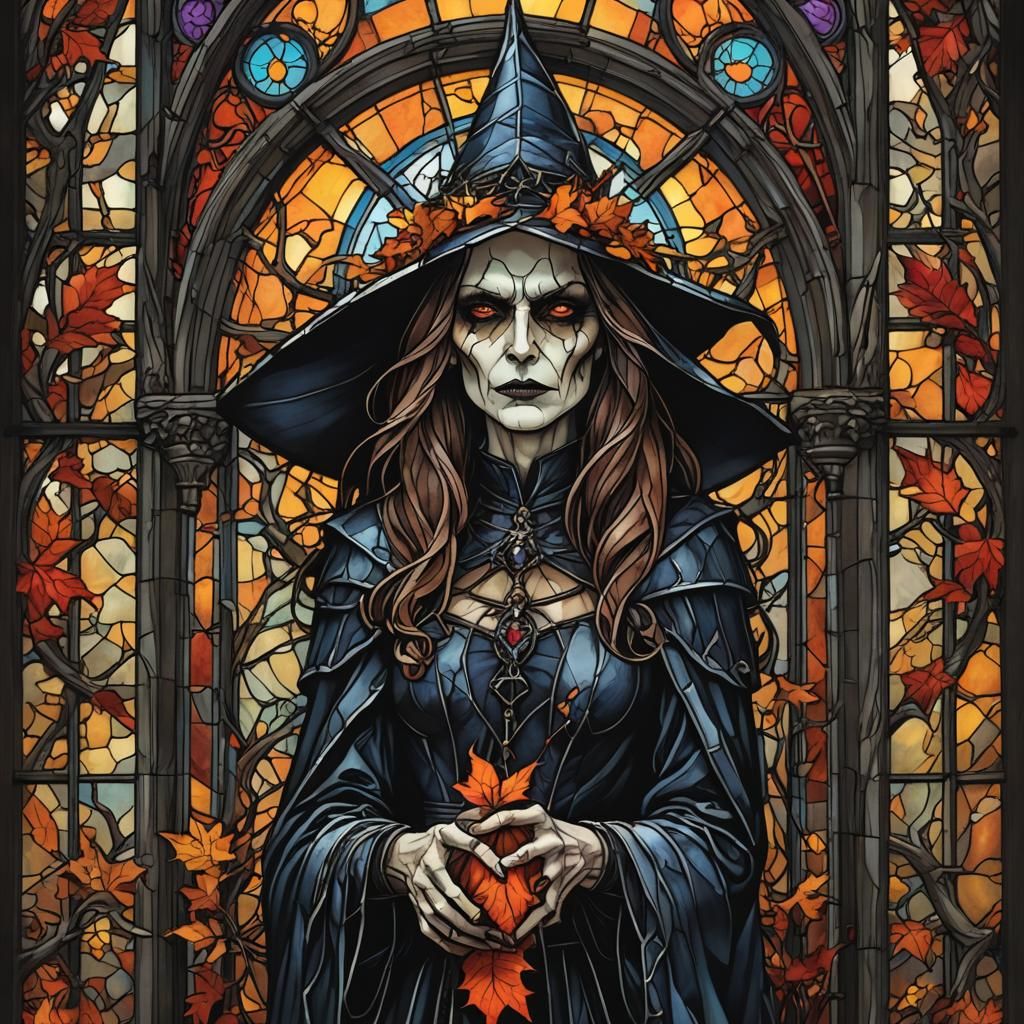 Autumn Witch in Gothic Stained Glass