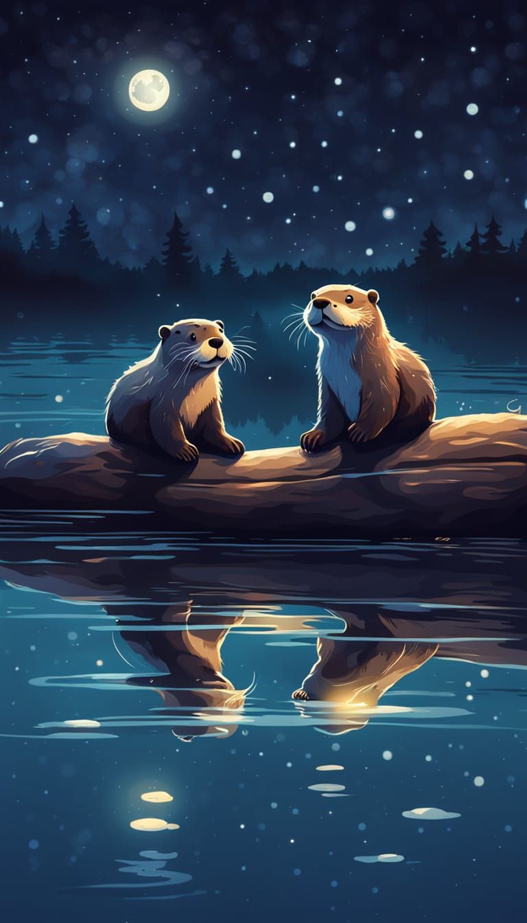 Whimsical Otters Under Night Sky