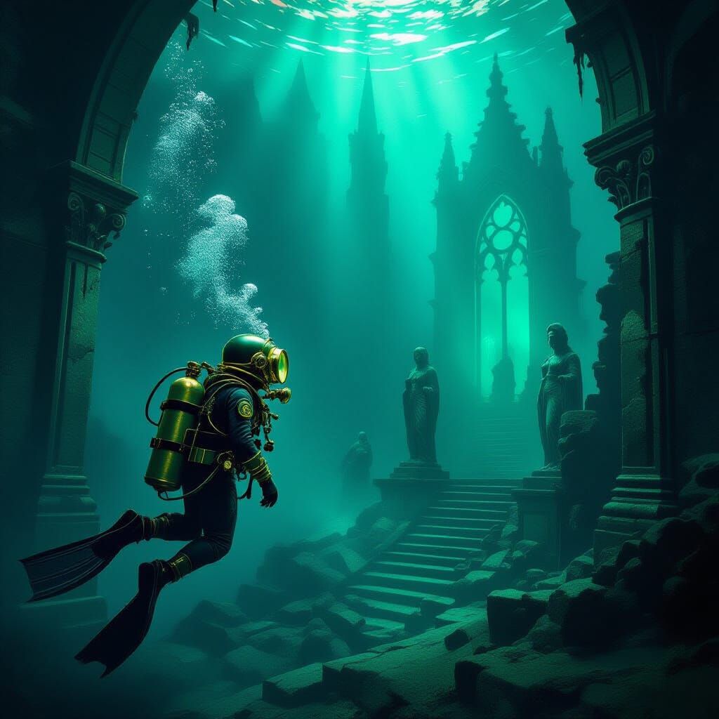 Deep Sea Diver Explores Sunken Gothic City