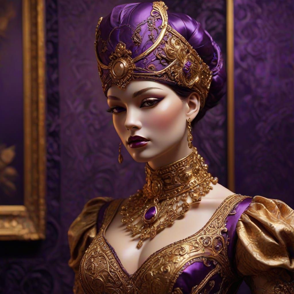 Surreal Oil Painting of Ornate Mannequin Women in Lavish Pur...