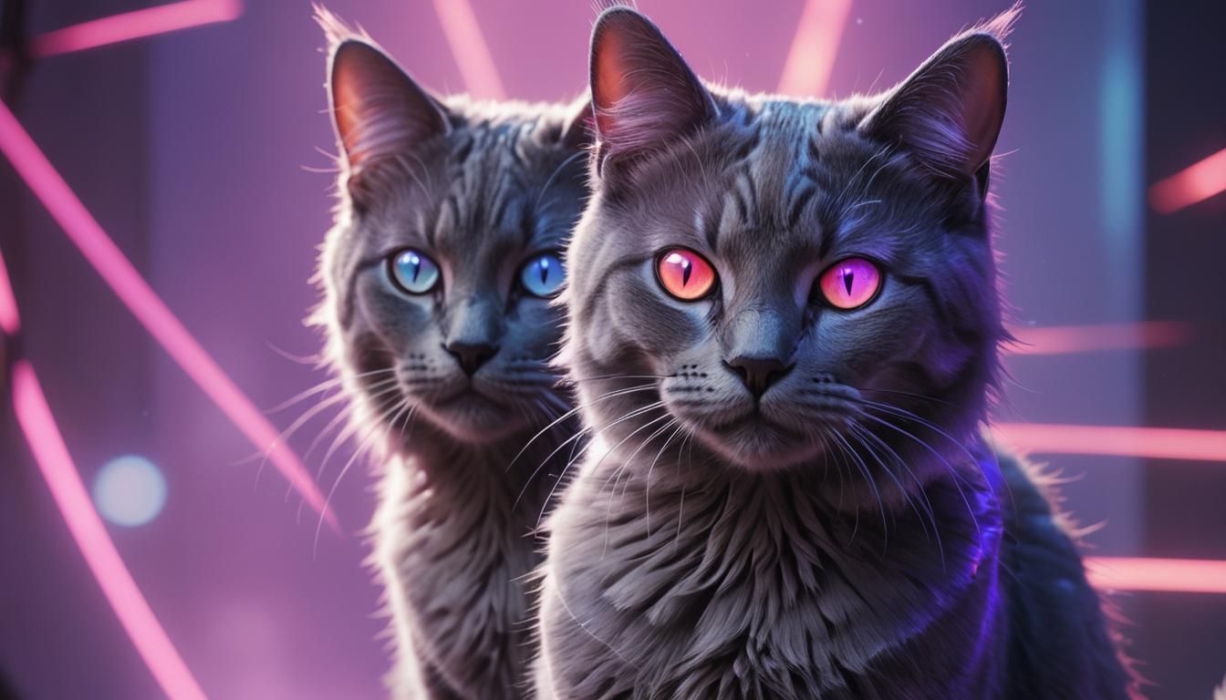 Majestic Gray Cat with Neon Aura in Anime Style