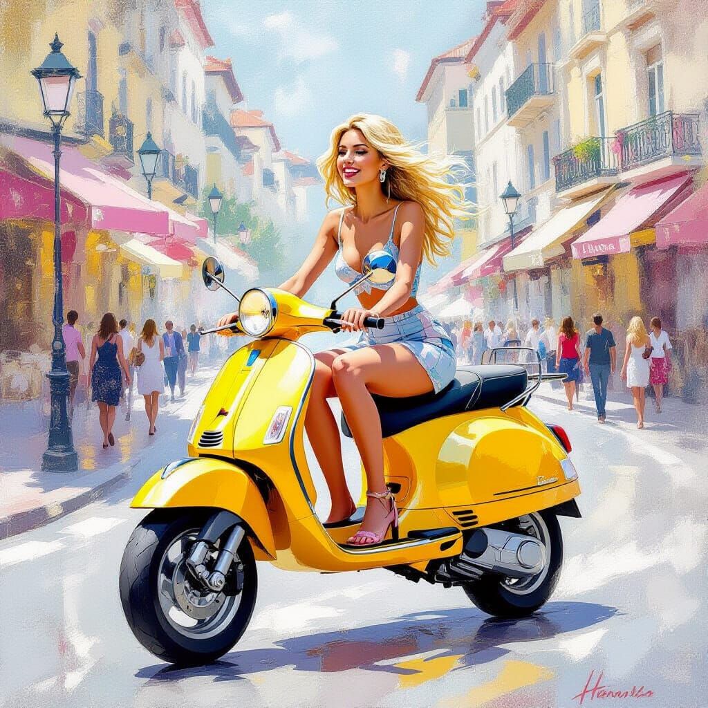 Woman on Scooter in City, Impressionistic Painting