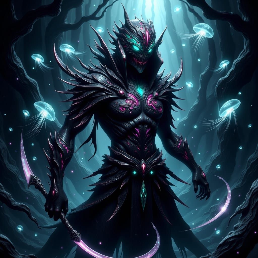 Surrealist Aquatic Warrior in Tribal Armor, Amidst Haunting ...