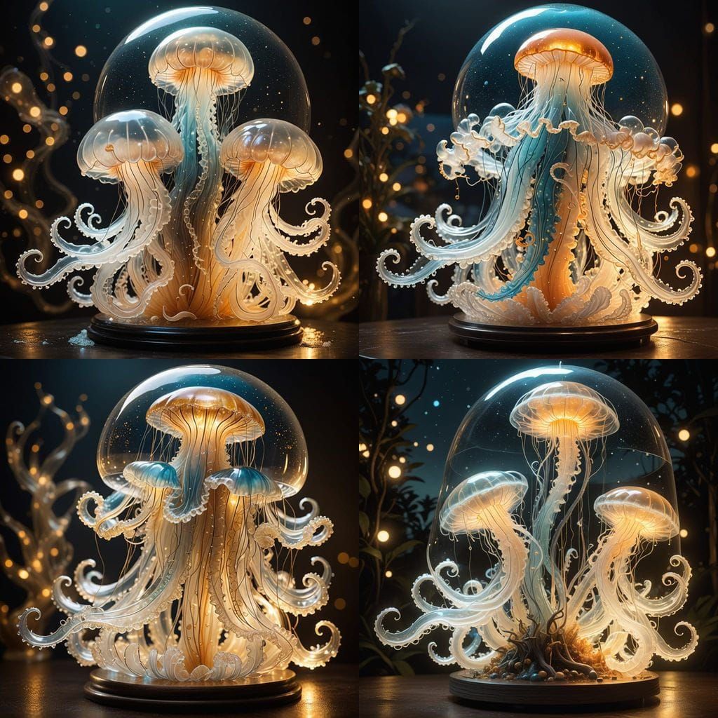 Glass Jellyfish Sculpture with Galaxy Center and Iridescent...