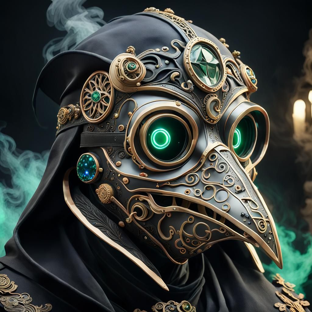 Detailed Plague Doctor Mask with Jewels and Smoke
