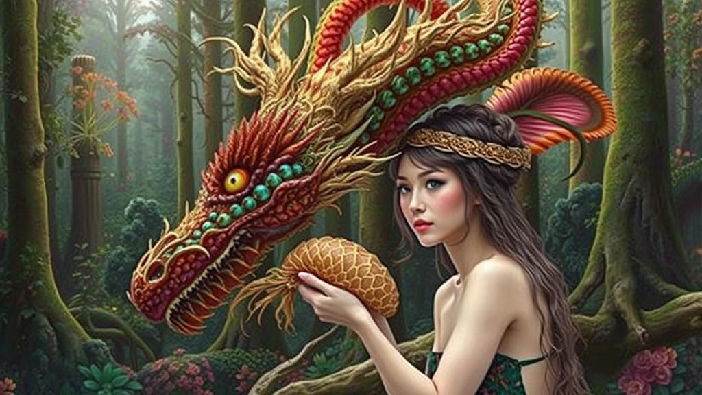 Dragon-Woman in Mycelium Network: Fashion Magazine Art