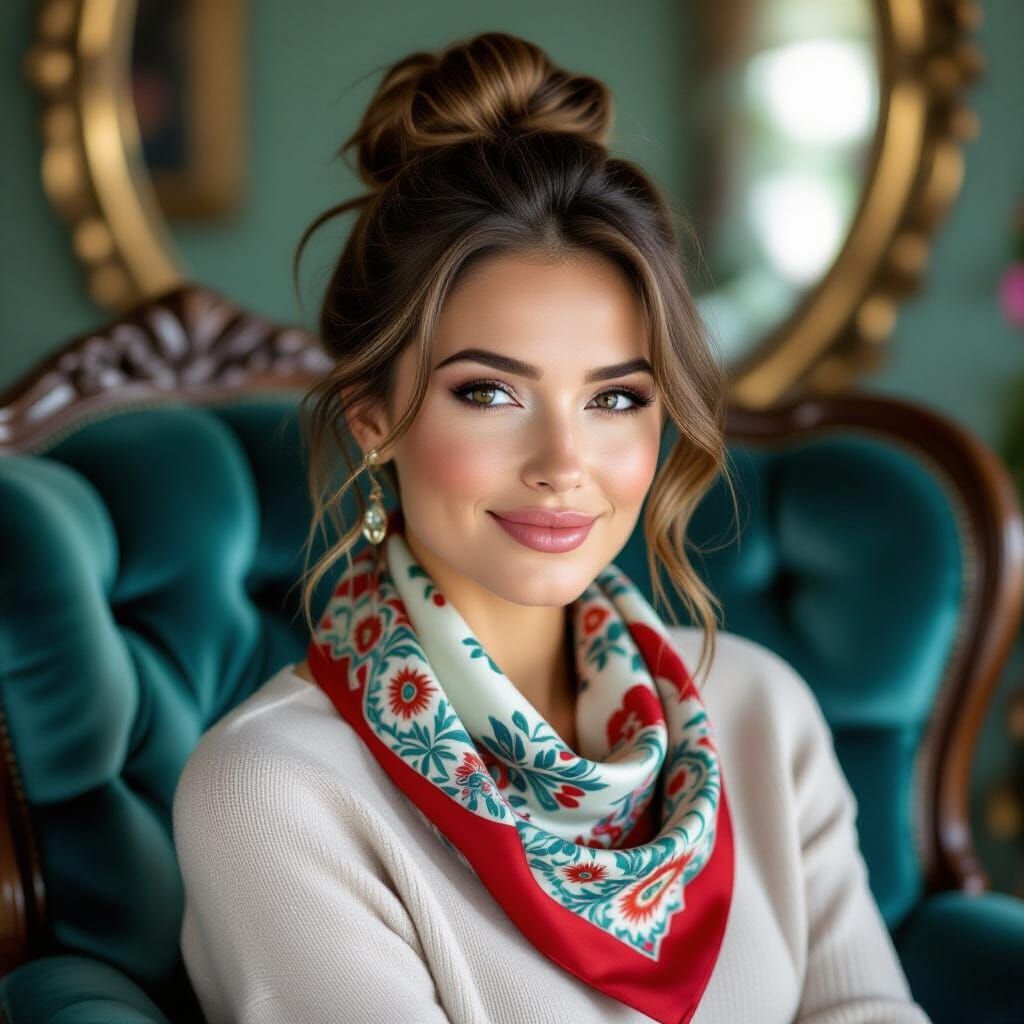 Elegant Woman with Paisley Scarf in Velvet Chair