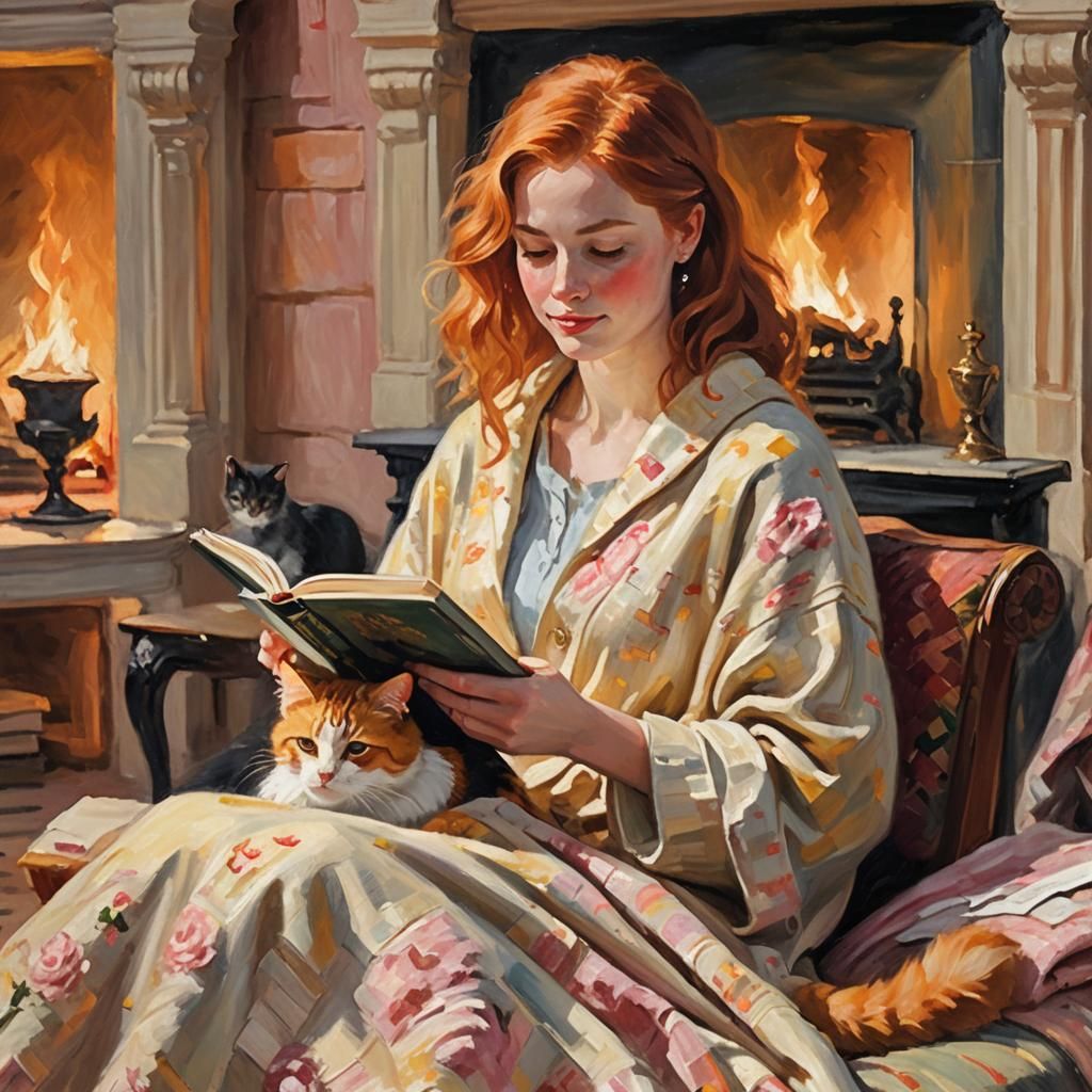 Woman Reading by Fireplace as Impressionist Painting