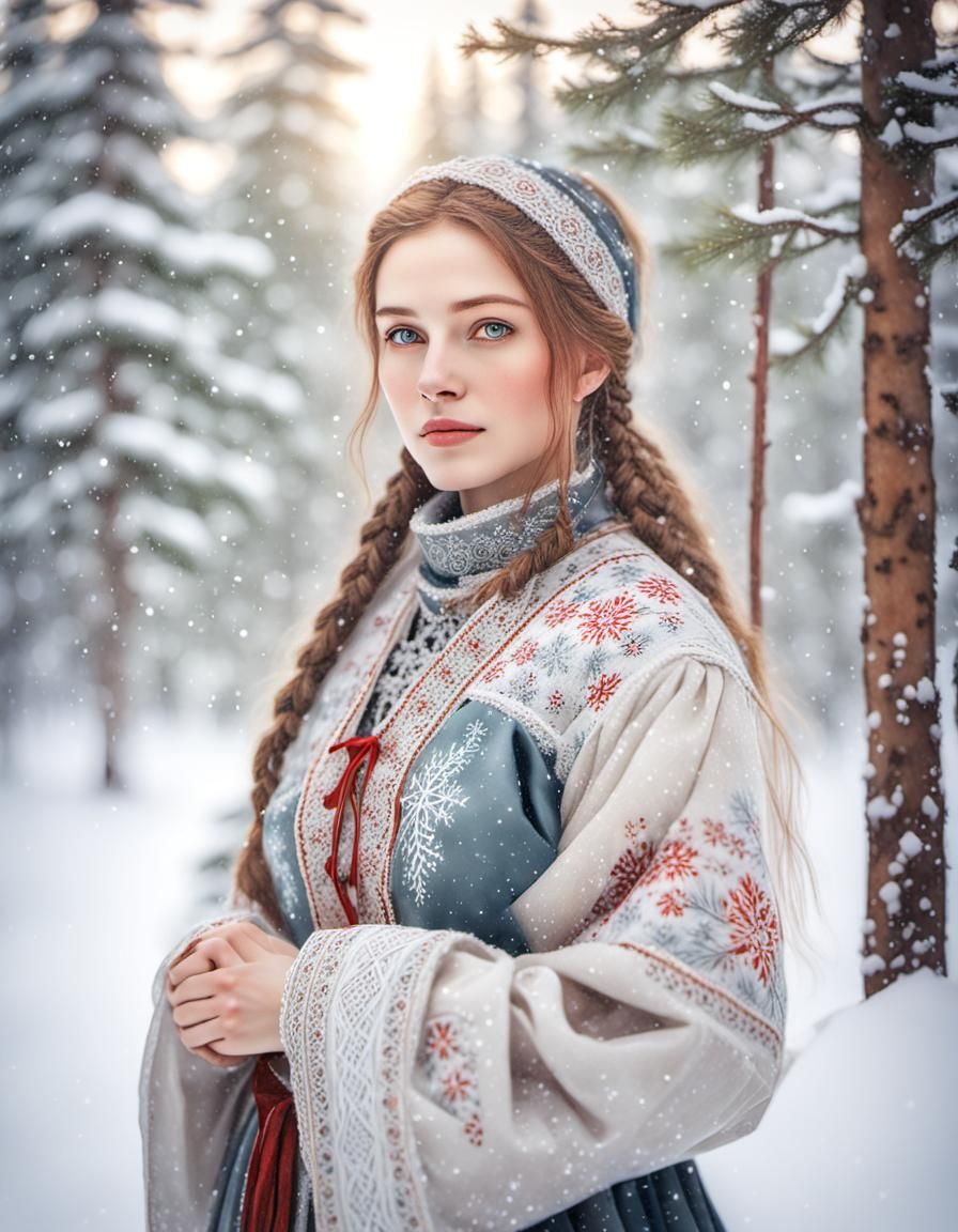 Watercolor of Slavic Girl in Winter Attire