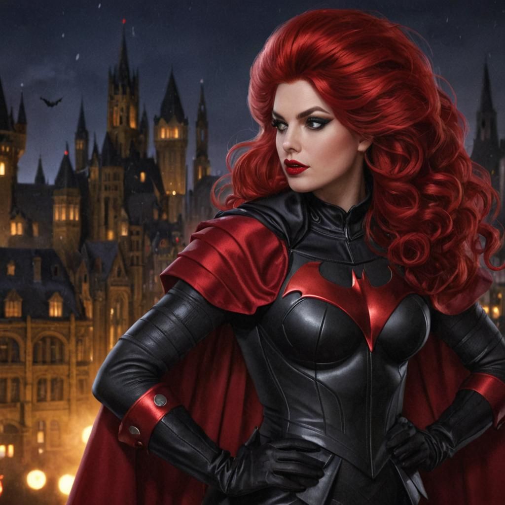 22 year old woman dressed as Batwoman, thick lustrous bright red hair spilling out from black bat-eared cowl, scarlet ca...